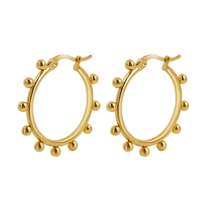 Classic gold beaded hoop earrings with vintage metallic texture and snap closure