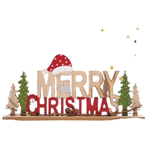 Merry Christmas wooden tabletop sign with natural wood textures and red festive elements
