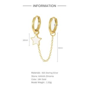 Detail view of 925 sterling silver star earring with chain and precise dimensions