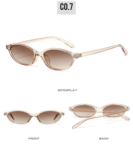 Three views of champagne cat-eye sunglasses showing gradient brown lenses and frame