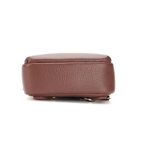 Deep brown pebbled leather crossbody chest bag for men with silver metal bottom rings