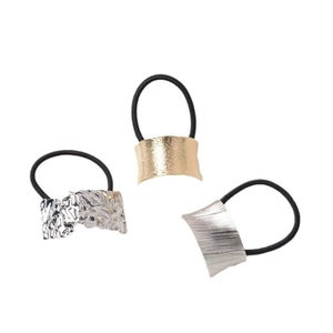 Minimalist metallic elastic hair ties with textured gold and silver decorative buckles