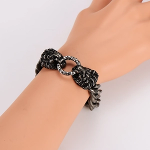 Bracelet chaîne punk hip hop pour homme avec tête de lion en métal argenté antique