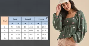 Tableau des tailles détaillé pour blouse brodée ample à manches lanternes