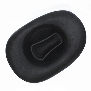 Top view of a black felt magician top hat with wide brim and classic crown design