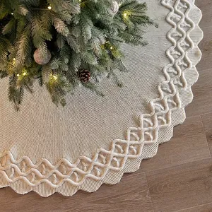 Knitted Acrylic Christmas Tree Skirt With Scalloped Edge And Bow Ties Holiday Home Decoration Wave Texture Large Elegant