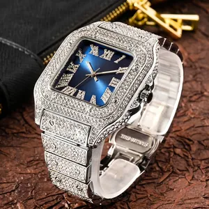 Luxury silver square men's watch with full diamonds and deep blue roman numeral dial