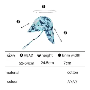 Kids cotton sun hat with dinosaur pattern, size chart including 52-54cm head circumference