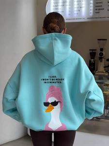 Oversize light blue hoodie with funny cartoon duck print and I Lied text on back