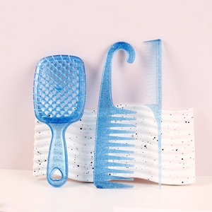 3-delige doorschijnende blauwe glitter haarborstelset met ventborstel en puntkam set van 3
