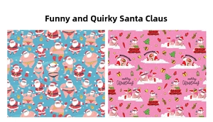 Detailed pattern of funny Santa Claus gift wrapping paper in blue and pink color themes