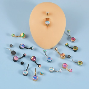 Polished stainless steel navel rings set with colorful synthetic opal inlays