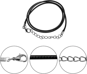 Detail of 2mm black waxed cord necklace with silver lobster clasp and extension chain