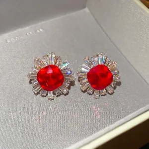 French vintage flower stud earrings with red square crystal and sunburst zircon halo
