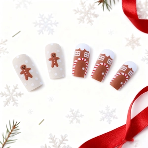 Christmas press-on nails with 3D gingerbread man and snowflake patterns on matte surface