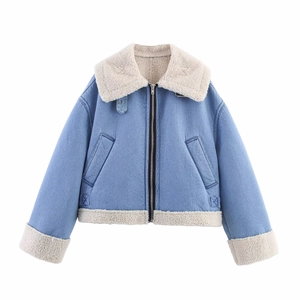 Women Denim Jacket Sherpa Lined Faux Lamb Hair Warm Thick Zip Up Long Sleeve Light Blue Casual Outerwear Moto Style