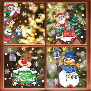 Cartoon Christmas window stickers set with Santa, reindeer and snowman for party decor