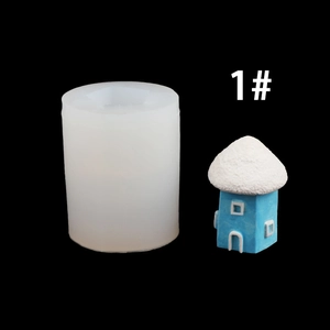 3D house silicone mold and finished blue candle model on a black background
