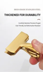 Close-up of golden brushed stainless steel T-shape clip showing thick metal texture