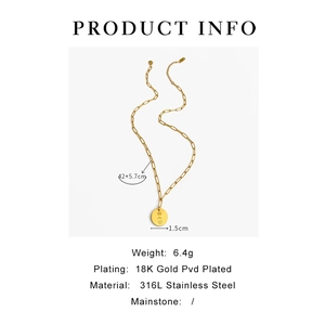Detail of 18K gold plated circle pendant with engraved sun and wave on 316L stainless chain