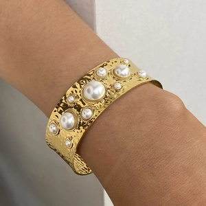 Hammered Stainless Steel Open Cuff Bracelet With White Artificial Pearls Retro Vintage Minimalist Adjustable Jewelry For Women