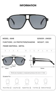 Size chart for aviator sunglasses with detailed dimensions and metal frame weight data