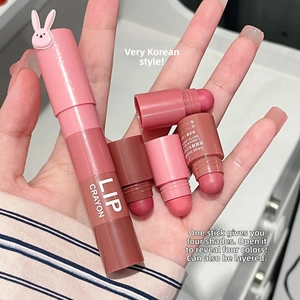 Detail of multi-color velvet matte lipstick pen with stackable four-in-one crayon design