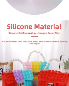 Detailed view of pop-it silicone bags with pearl handles and colorful bubble textures