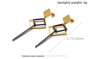 Detail view of geometry drop earrings in stainless steel with size 75x28mm and 6g weight