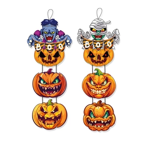 Halloween hanging decorations featuring Frankenstein, mummy and stacked pumpkin lanterns