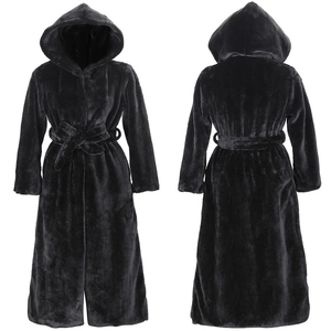 Women's long black hooded faux fur coat with waist belt and thick warm winter fabric