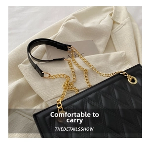 Close-up of black quilted leather texture and gold chain strap on a chic handbag