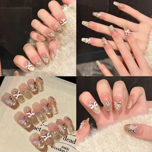 Handmade Press On Nails Champagne Gold Glitter Cat Eye Lion Dance 3D Butterfly Rhinestone Artificial Pearl Coffin Luxury Festive Women