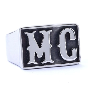 Mens stainless steel MC signet ring featuring a polished silver band and black square face