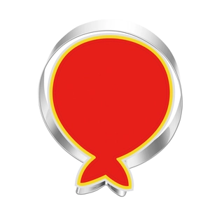 Close-up of a circular red festive ribbon label with a silver metallic border detail