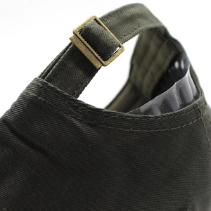 Detailed macro view of military green canvas baseball cap with adjustable metal buckle