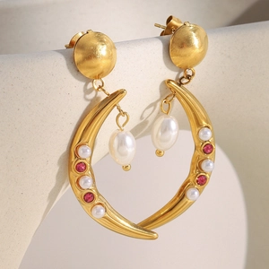 Crescent Moon Stud Earrings 18K Gold Plated Stainless Steel With Artificial Pearl And Zircon Dangle Elegant Vintage For Women