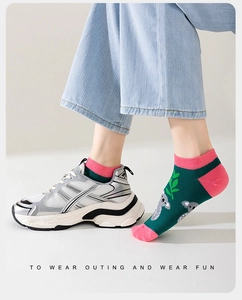 Detail of green and pink low-cut ankle socks with cute koala pattern and cotton knit texture