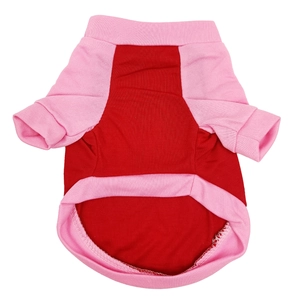 Detail view of elastic ribbed hem and sleeves on red-pink patchwork cotton pet t-shirt