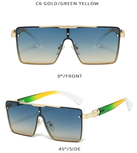 Detail view of square gradient sunglasses with gold metal frame and yellow-green temples
