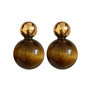Vintage heart flower tiger eye stone earrings with gold metal stud for women