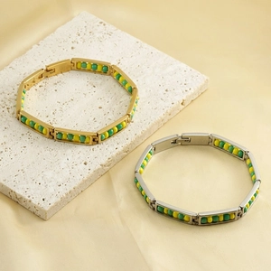 Minimalist stainless steel beaded bracelet set in gold and silver finish with colorful beads