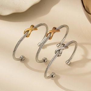Stainless Steel Twisted Cable Cuff Bracelet Two Tone X Cross Knot Open Bangle For Women Minimalist Jewelry Fashion