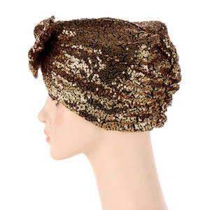 Golden sequin turban hat for women with elegant shimmering finish and knotted bow design