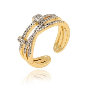Macro view of gold plated intertwined cubic zirconia lines on an open geometric ring