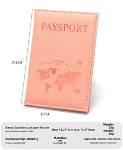 Detailed view of pink PU leather passport holder showing embossed world map and dimensions