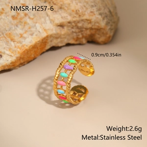 Detailed view of 18K gold plated stainless steel ring with colorful enamel inlay on beige stone