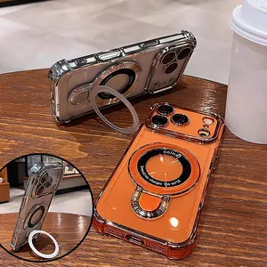 Clear magnetic kickstand case for iPhone 17 Pro Max with electroplated orange frame