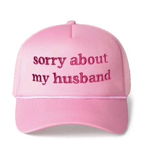 Detail of pink trucker hat with 'sorry about my husband' embroidery and rope accent