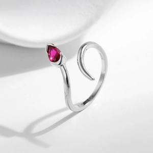 Minimalist S925 sterling silver snake ring with red teardrop gemstone and open design